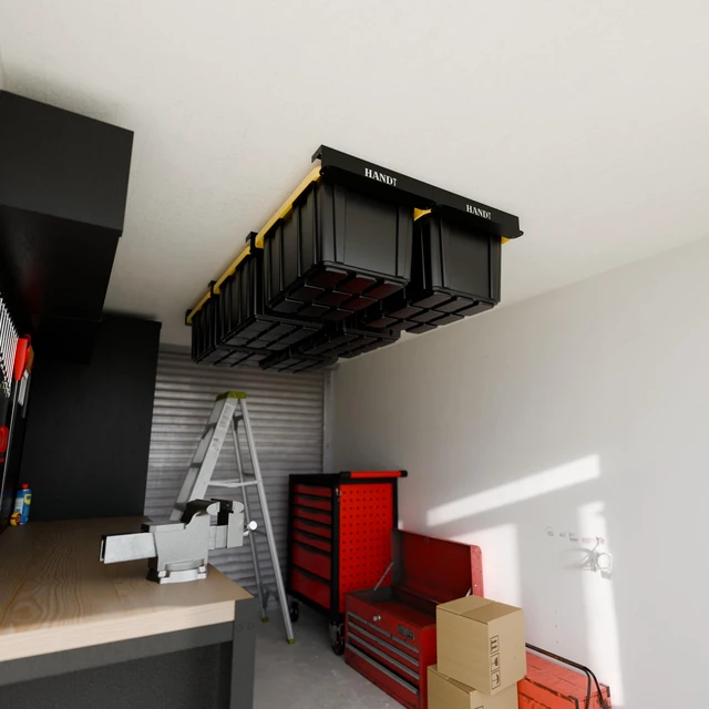 Alt view image 6 of 7 - USA Based Overhead Garage Storage Rack, Connectable Heavy Duty Metal Ceiling Rails Garage Storage Organization Shelving System, Hanging Racks Tote Containers, Supports Up To 6 Bins, 4 Sets Black