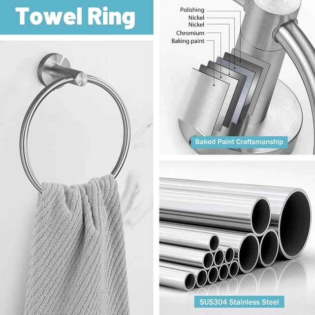 Alt view image 4 of 7 - Brushed Nickel Bathroom Hardware Set, 6 Pieces Towel Bar Bathroom Accessories Set Toilet Paper Holder Towel Holder Towel Ring and Towel Hooks Wall Mounted, SUS304 Stainless Steel Towel Rack Set