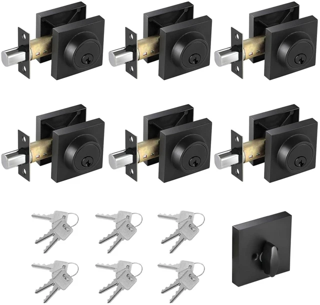 Main image of Matte Black Square Single Cylinder Deadbolt Lock, 6 Pack, Home Security Door Lock, Front Door Deadbolt for Office, Keyed 1 Side
