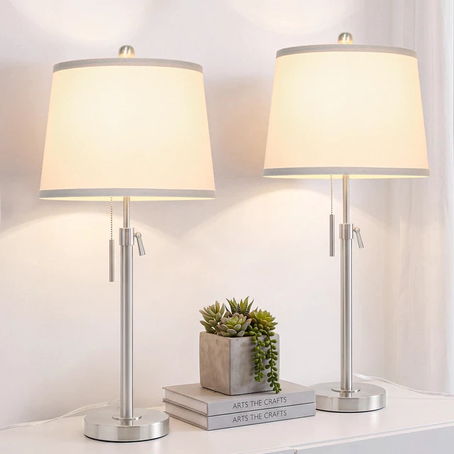 Main image of Brushed Nickel Modern Table Lamps Set of 2 Adjustable Height 22" to 30" Silver Nightstand with White Linen Shade 3 Brightness Way Pull Chain Switch Bedside Lamps for Living Room Office(Bulbs Included)