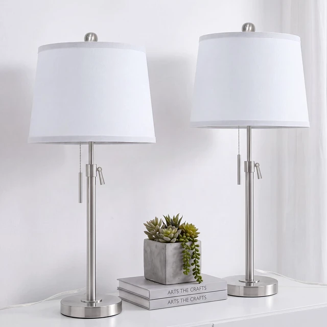 Alt view image 2 of 7 - Brushed Nickel Modern Table Lamps Set of 2 Adjustable Height 22" to 30" Silver Nightstand with White Linen Shade 3 Brightness Way Pull Chain Switch Bedside Lamps for Living Room Office(Bulbs Included)