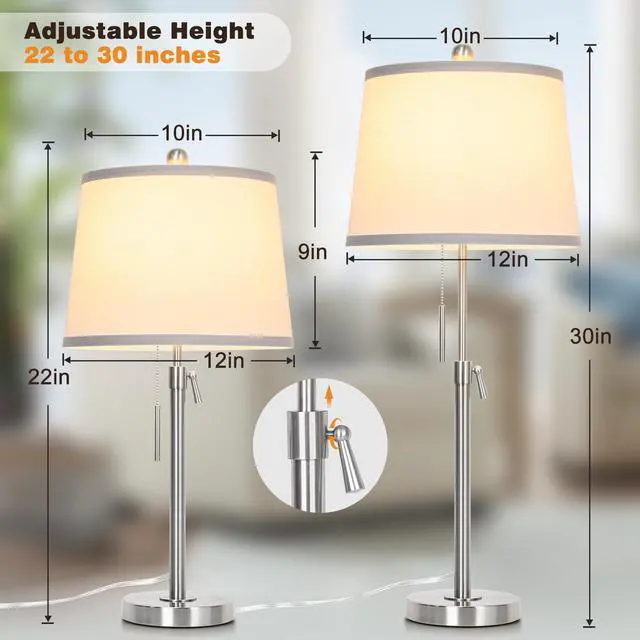 Alt view image 3 of 7 - Brushed Nickel Modern Table Lamps Set of 2 Adjustable Height 22" to 30" Silver Nightstand with White Linen Shade 3 Brightness Way Pull Chain Switch Bedside Lamps for Living Room Office(Bulbs Included)