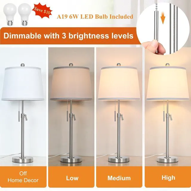 Alt view image 4 of 7 - Brushed Nickel Modern Table Lamps Set of 2 Adjustable Height 22" to 30" Silver Nightstand with White Linen Shade 3 Brightness Way Pull Chain Switch Bedside Lamps for Living Room Office(Bulbs Included)