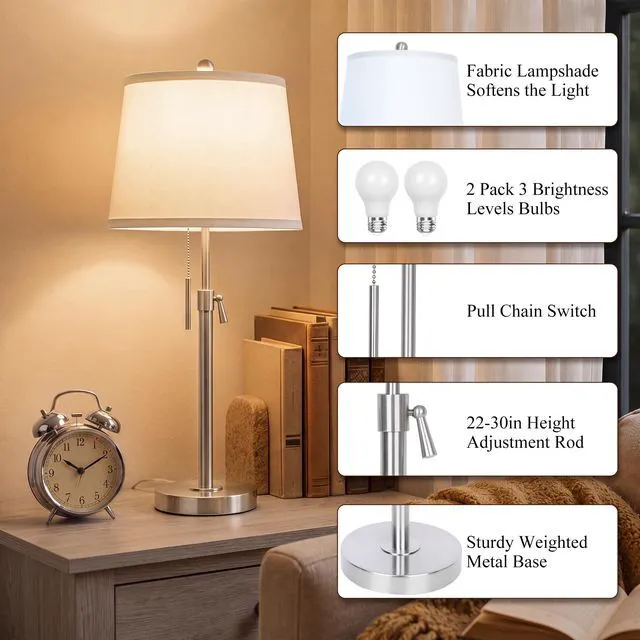 Alt view image 5 of 7 - Brushed Nickel Modern Table Lamps Set of 2 Adjustable Height 22" to 30" Silver Nightstand with White Linen Shade 3 Brightness Way Pull Chain Switch Bedside Lamps for Living Room Office(Bulbs Included)