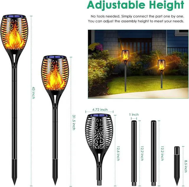 Alt view image 2 of 7 - Flickering Flame Solar Torch Lights Outdoor, 43" Tall, 6 Pack Realistic 99-LED Flame Effect, Charges in 6-8 Hours, 10-12-Hour Runtime, IP65 Waterproof, Auto On/Off for Yard, Patio, Garden