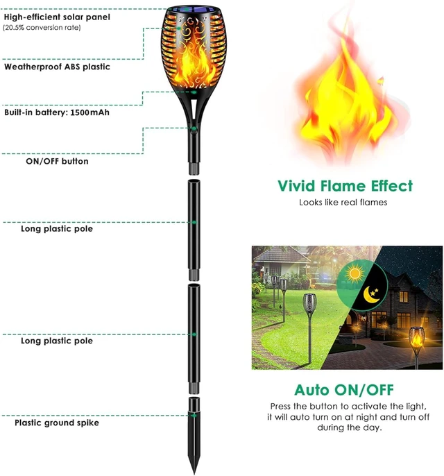 Alt view image 4 of 7 - Flickering Flame Solar Torch Lights Outdoor, 43" Tall, 6 Pack Realistic 99-LED Flame Effect, Charges in 6-8 Hours, 10-12-Hour Runtime, IP65 Waterproof, Auto On/Off for Yard, Patio, Garden