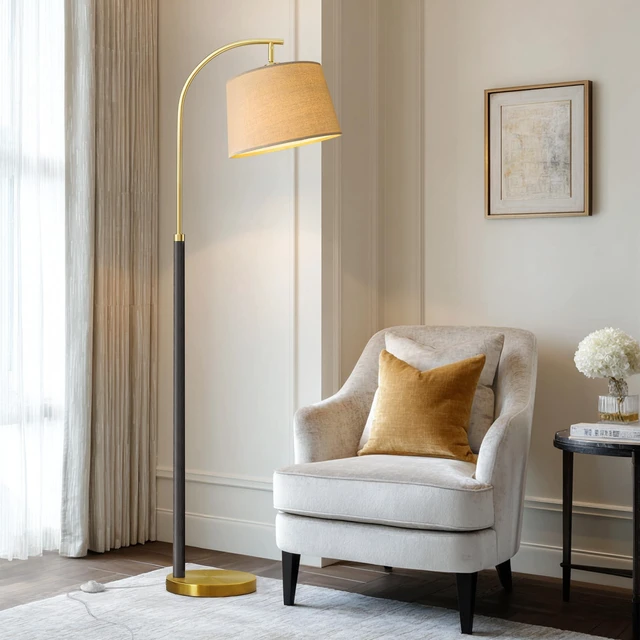 Main image of Real Wood Floor Lamps for Living Room Bedroom, 62" Mid Century Modern Lamp Arc Floor Lamp with Foot Switch, Black Mcm Gold Standing Tall Lamps for Nursery Office Boho Decor Corner Reading Room Light