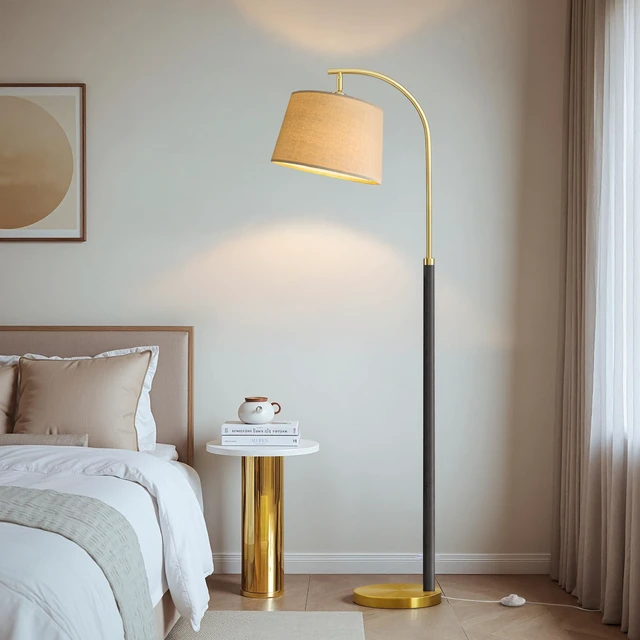 Alt view image 2 of 7 - Real Wood Floor Lamps for Living Room Bedroom, 62" Mid Century Modern Lamp Arc Floor Lamp with Foot Switch, Black Mcm Gold Standing Tall Lamps for Nursery Office Boho Decor Corner Reading Room Light