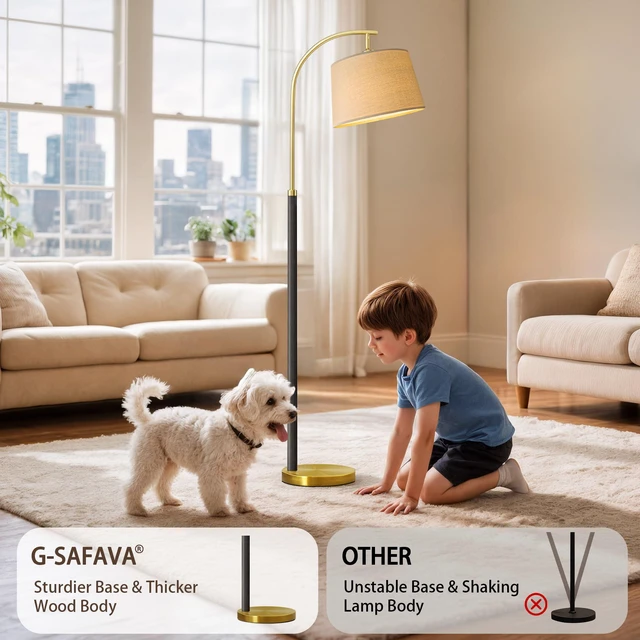 Alt view image 3 of 7 - Real Wood Floor Lamps for Living Room Bedroom, 62" Mid Century Modern Lamp Arc Floor Lamp with Foot Switch, Black Mcm Gold Standing Tall Lamps for Nursery Office Boho Decor Corner Reading Room Light