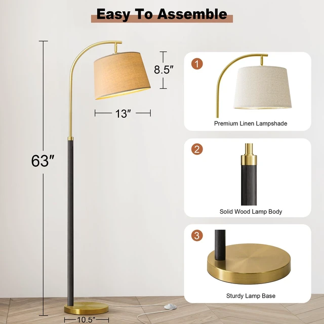 Alt view image 6 of 7 - Real Wood Floor Lamps for Living Room Bedroom, 62" Mid Century Modern Lamp Arc Floor Lamp with Foot Switch, Black Mcm Gold Standing Tall Lamps for Nursery Office Boho Decor Corner Reading Room Light