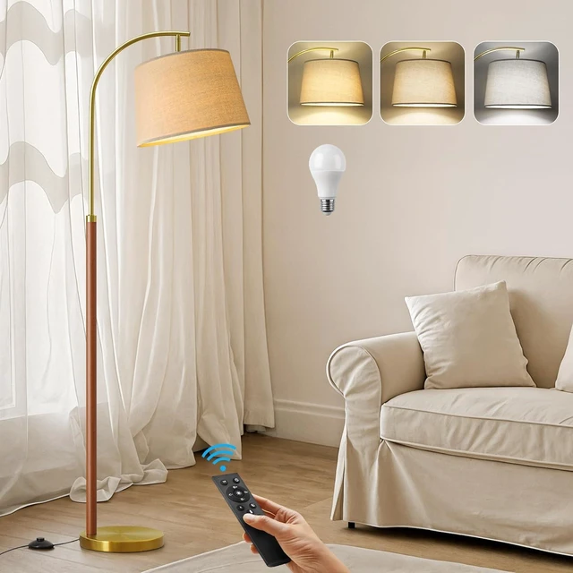 Main image of 62.5" Gold Floor Lamp for Living Room Dimmable Standing Lamp with Remote 3 Color Temperatures Arc Tall Lamp with Foot Switch, Wood Mid Century Modern Floor Lamps for Bedroom Office, 9W Bulb Included