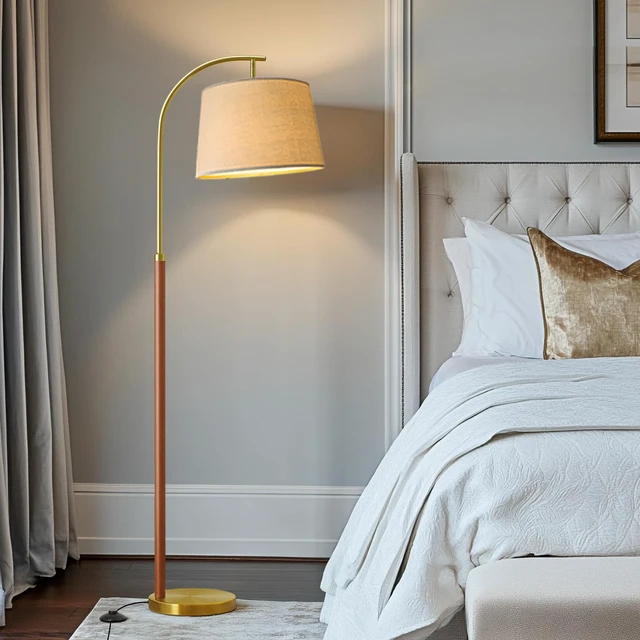 Alt view image 2 of 7 - 62.5" Gold Floor Lamp for Living Room Dimmable Standing Lamp with Remote 3 Color Temperatures Arc Tall Lamp with Foot Switch, Wood Mid Century Modern Floor Lamps for Bedroom Office, 9W Bulb Included