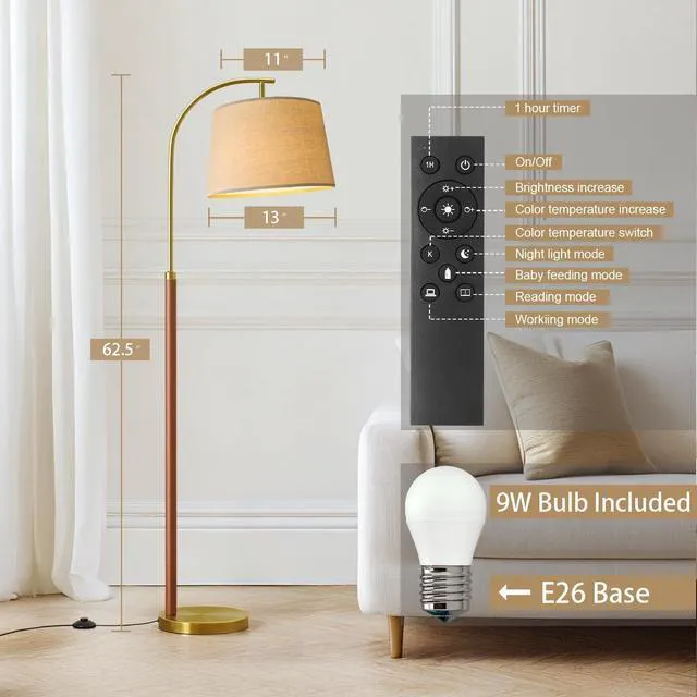 Alt view image 5 of 7 - 62.5" Gold Floor Lamp for Living Room Dimmable Standing Lamp with Remote 3 Color Temperatures Arc Tall Lamp with Foot Switch, Wood Mid Century Modern Floor Lamps for Bedroom Office, 9W Bulb Included