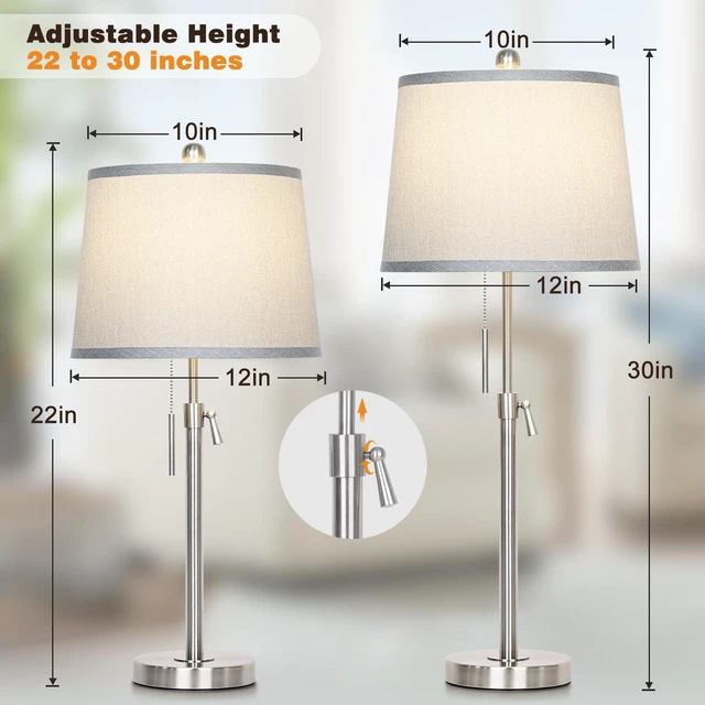 Alt view image 3 of 7 - Table Lamps Set of 2, Bedside Lamp Silver Tall Table Lamps for Living Room End Tables, 22" to 30" Adjustable Height Lamp for Bedroom Nightstand Farmhouse with Pull Chain(Bulbs Included)