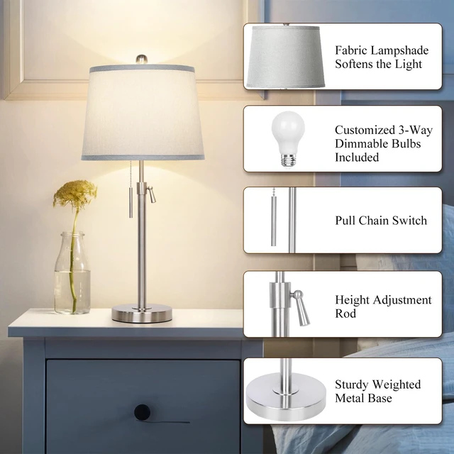 Alt view image 5 of 7 - Table Lamps Set of 2, Bedside Lamp Silver Tall Table Lamps for Living Room End Tables, 22" to 30" Adjustable Height Lamp for Bedroom Nightstand Farmhouse with Pull Chain(Bulbs Included)