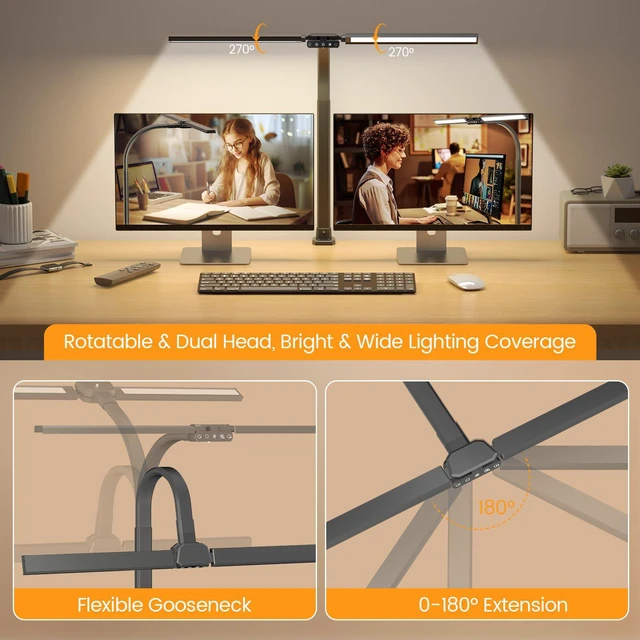 Alt view image 2 of 7 - Upgraded Desk Lamp for Home Office - Dimmable Computer Desk Light with Remote, Modern Architect Task Lamp with Color Changing, Flexible Desktop Lamp with Gooseneck for Monitor, Double Head