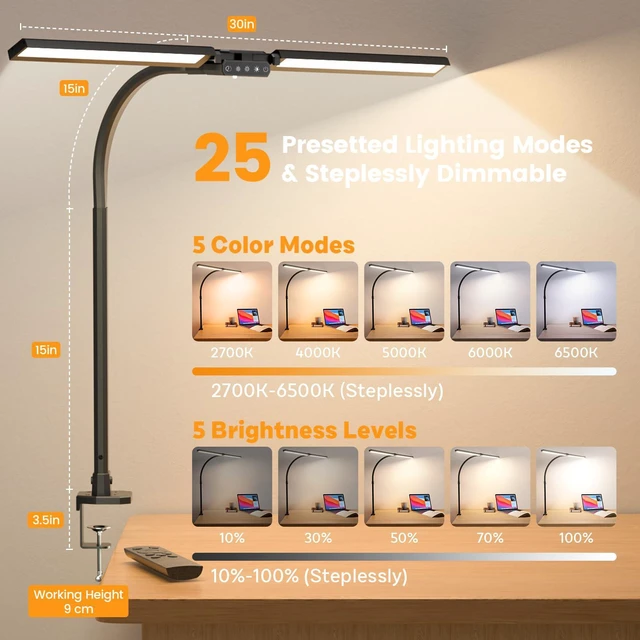 Alt view image 3 of 7 - Upgraded Desk Lamp for Home Office - Dimmable Computer Desk Light with Remote, Modern Architect Task Lamp with Color Changing, Flexible Desktop Lamp with Gooseneck for Monitor, Double Head