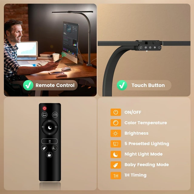 Alt view image 4 of 7 - Upgraded Desk Lamp for Home Office - Dimmable Computer Desk Light with Remote, Modern Architect Task Lamp with Color Changing, Flexible Desktop Lamp with Gooseneck for Monitor, Double Head
