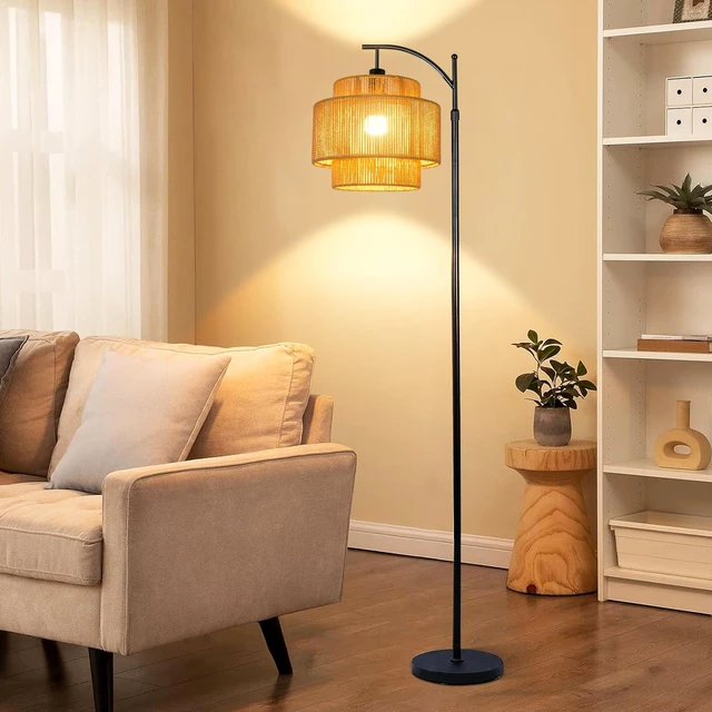 Alt view image 3 of 7 - Rattan Floor Lamp for Living Room Bedroom Boho Arc Standing Lamp with Remote Dimmable Black Farmhouse Wicker Bamboo Lamp Shade Floor Light Tall Lamp Industrial Floor Lamps Bohemian Decor