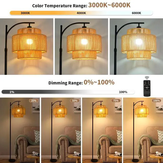 Alt view image 2 of 7 - Rattan Floor Lamp for Living Room Bedroom Boho Arc Standing Lamp with Remote Dimmable Black Farmhouse Wicker Bamboo Lamp Shade Floor Light Tall Lamp Industrial Floor Lamps Bohemian Decor