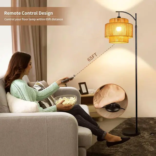 Alt view image 4 of 7 - Rattan Floor Lamp for Living Room Bedroom Boho Arc Standing Lamp with Remote Dimmable Black Farmhouse Wicker Bamboo Lamp Shade Floor Light Tall Lamp Industrial Floor Lamps Bohemian Decor
