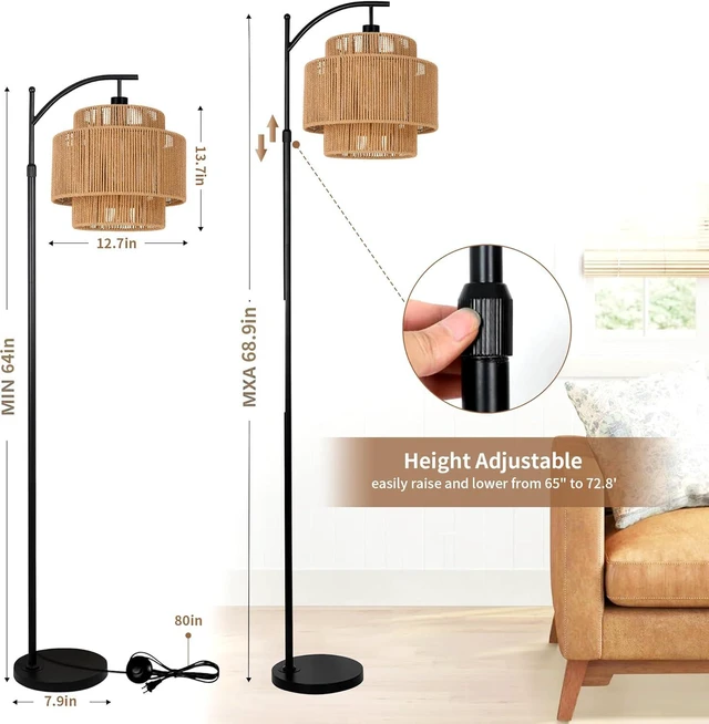 Alt view image 5 of 7 - Rattan Floor Lamp for Living Room Bedroom Boho Arc Standing Lamp with Remote Dimmable Black Farmhouse Wicker Bamboo Lamp Shade Floor Light Tall Lamp Industrial Floor Lamps Bohemian Decor