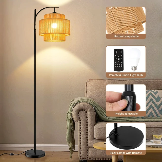 Alt view image 6 of 7 - Rattan Floor Lamp for Living Room Bedroom Boho Arc Standing Lamp with Remote Dimmable Black Farmhouse Wicker Bamboo Lamp Shade Floor Light Tall Lamp Industrial Floor Lamps Bohemian Decor