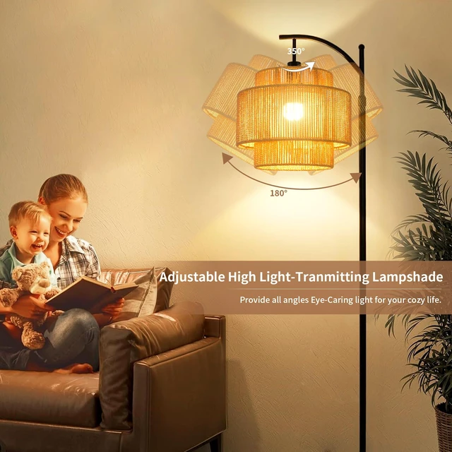 Alt view image 7 of 7 - Rattan Floor Lamp for Living Room Bedroom Boho Arc Standing Lamp with Remote Dimmable Black Farmhouse Wicker Bamboo Lamp Shade Floor Light Tall Lamp Industrial Floor Lamps Bohemian Decor