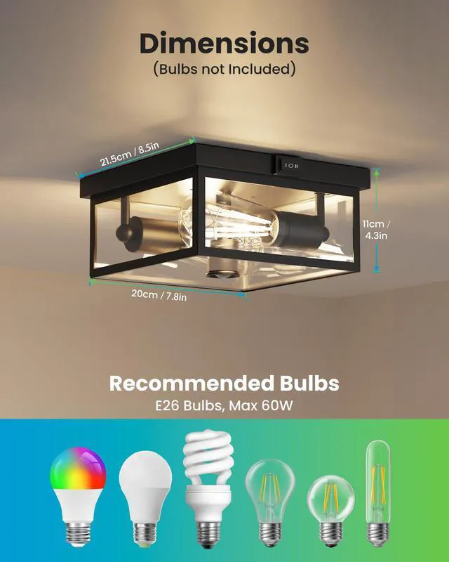 Alt view image 4 of 7 - Outdoor Ceiling Light with Motion Sensor, Flush Mount Porch Light, Exterior Light Fixture with Clear Glass, Dusk to Dawn 2-Light Fixture for Patio,Porch (10.5in 2Pack)