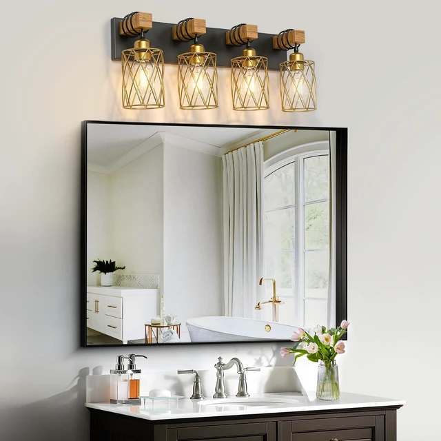 Alt view image 2 of 7 - Farmhouse Bathroom Vanity Light, 4-Light Wood Bathroom Light Fixtures Over Mirror, Black and Gold Industrial Vanity Lights with Metal Shade, Rustic Restroom Lighting Fixtures