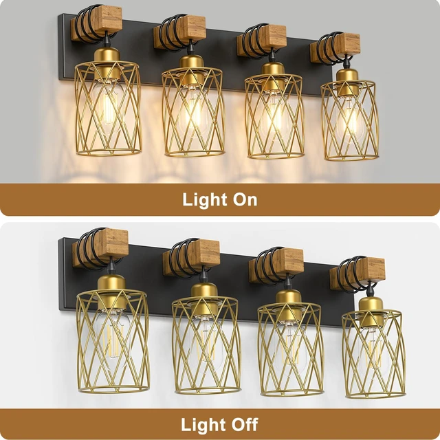Alt view image 4 of 7 - Farmhouse Bathroom Vanity Light, 4-Light Wood Bathroom Light Fixtures Over Mirror, Black and Gold Industrial Vanity Lights with Metal Shade, Rustic Restroom Lighting Fixtures