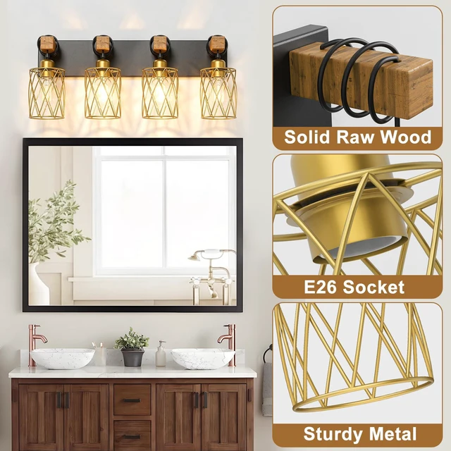 Alt view image 3 of 7 - Farmhouse Bathroom Vanity Light, 4-Light Wood Bathroom Light Fixtures Over Mirror, Black and Gold Industrial Vanity Lights with Metal Shade, Rustic Restroom Lighting Fixtures