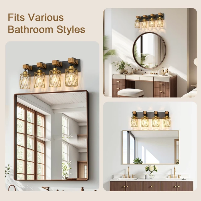 Alt view image 5 of 7 - Farmhouse Bathroom Vanity Light, 4-Light Wood Bathroom Light Fixtures Over Mirror, Black and Gold Industrial Vanity Lights with Metal Shade, Rustic Restroom Lighting Fixtures