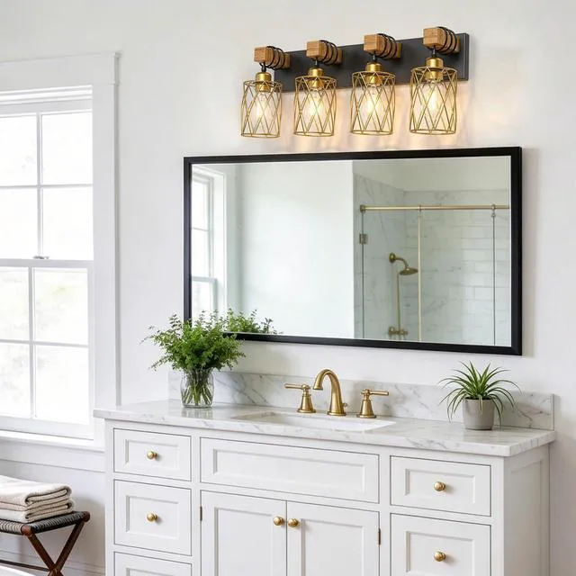 Alt view image 7 of 7 - Farmhouse Bathroom Vanity Light, 4-Light Wood Bathroom Light Fixtures Over Mirror, Black and Gold Industrial Vanity Lights with Metal Shade, Rustic Restroom Lighting Fixtures