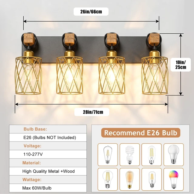 Alt view image 6 of 7 - Farmhouse Bathroom Vanity Light, 4-Light Wood Bathroom Light Fixtures Over Mirror, Black and Gold Industrial Vanity Lights with Metal Shade, Rustic Restroom Lighting Fixtures