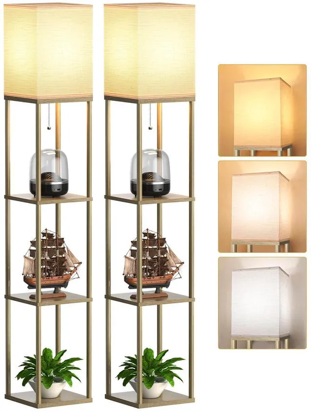 Main image of Floor Lamp with Shelves for Living Room Natural Wood 2 Pack, Shelf Floor Lamp with 3 CCT LED Bulb, Corner Display Standing Column Lamp Etagere Organizer Tower Nightstand for Bedroom Office