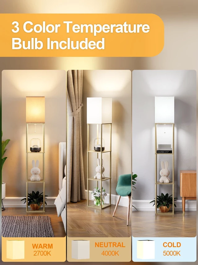 Alt view image 3 of 7 - Floor Lamp with Shelves for Living Room Natural Wood 2 Pack, Shelf Floor Lamp with 3 CCT LED Bulb, Corner Display Standing Column Lamp Etagere Organizer Tower Nightstand for Bedroom Office