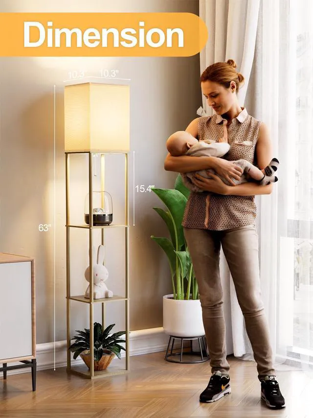 Alt view image 4 of 7 - Floor Lamp with Shelves for Living Room Natural Wood 2 Pack, Shelf Floor Lamp with 3 CCT LED Bulb, Corner Display Standing Column Lamp Etagere Organizer Tower Nightstand for Bedroom Office