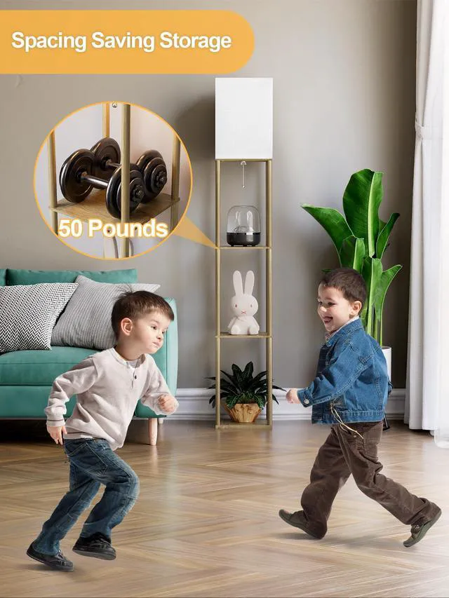 Alt view image 5 of 7 - Floor Lamp with Shelves for Living Room Natural Wood 2 Pack, Shelf Floor Lamp with 3 CCT LED Bulb, Corner Display Standing Column Lamp Etagere Organizer Tower Nightstand for Bedroom Office
