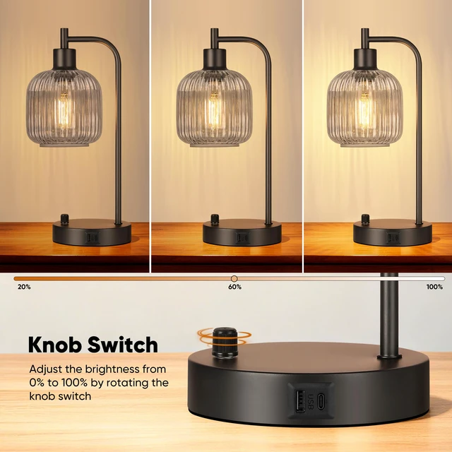 Alt view image 2 of 7 - Grey Glass Table Lamps Set of 2, Dimmable Bedside Lamps for Living Room USB A+C Charging Ports, Stepless Dimmable, 2 Dimmable LED Bulbs, Thickened Vintage Grey Glass Lampshade