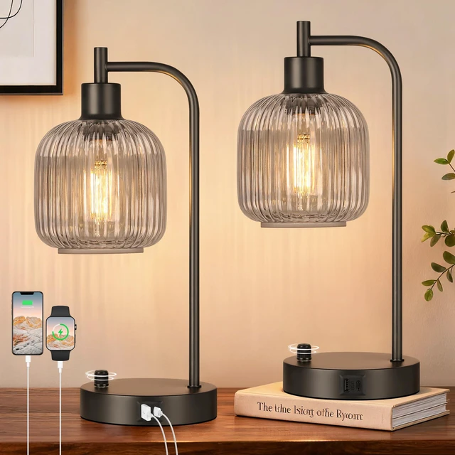 Main image of Grey Glass Table Lamps Set of 2, Dimmable Bedside Lamps for Living Room USB A+C Charging Ports, Stepless Dimmable, 2 Dimmable LED Bulbs, Thickened Vintage Grey Glass Lampshade
