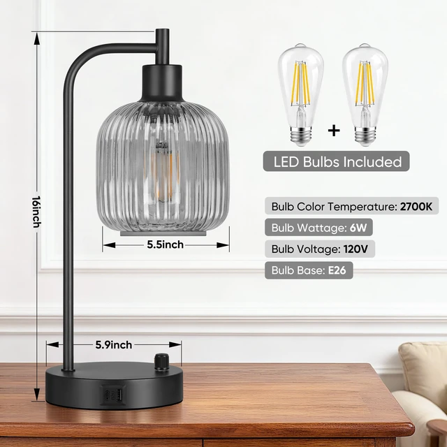 Alt view image 3 of 7 - Grey Glass Table Lamps Set of 2, Dimmable Bedside Lamps for Living Room USB A+C Charging Ports, Stepless Dimmable, 2 Dimmable LED Bulbs, Thickened Vintage Grey Glass Lampshade