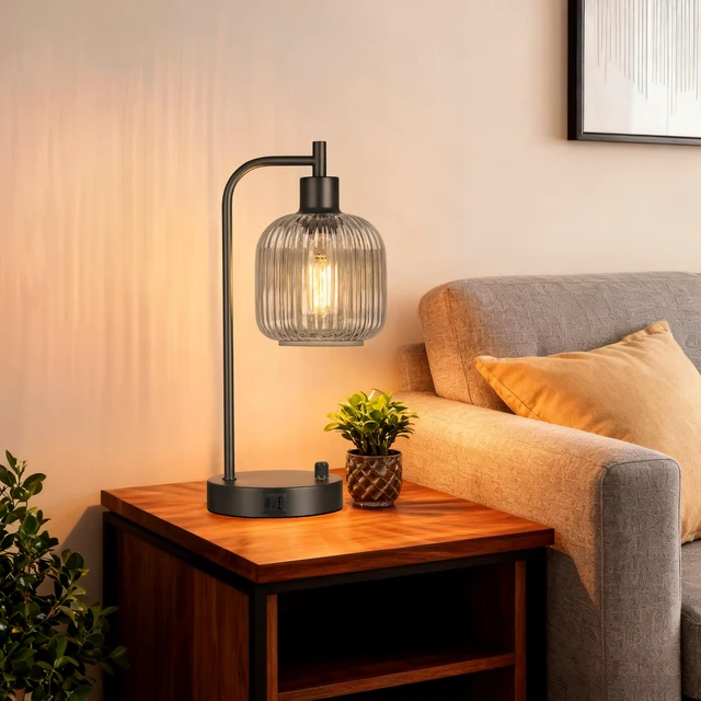Alt view image 6 of 7 - Grey Glass Table Lamps Set of 2, Dimmable Bedside Lamps for Living Room USB A+C Charging Ports, Stepless Dimmable, 2 Dimmable LED Bulbs, Thickened Vintage Grey Glass Lampshade