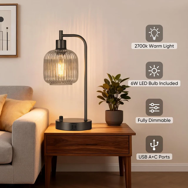 Alt view image 4 of 7 - Grey Glass Table Lamps Set of 2, Dimmable Bedside Lamps for Living Room USB A+C Charging Ports, Stepless Dimmable, 2 Dimmable LED Bulbs, Thickened Vintage Grey Glass Lampshade