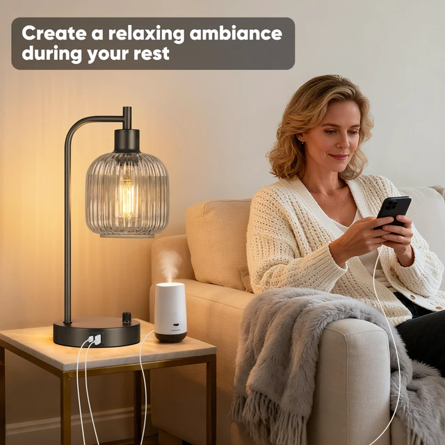 Alt view image 5 of 7 - Grey Glass Table Lamps Set of 2, Dimmable Bedside Lamps for Living Room USB A+C Charging Ports, Stepless Dimmable, 2 Dimmable LED Bulbs, Thickened Vintage Grey Glass Lampshade
