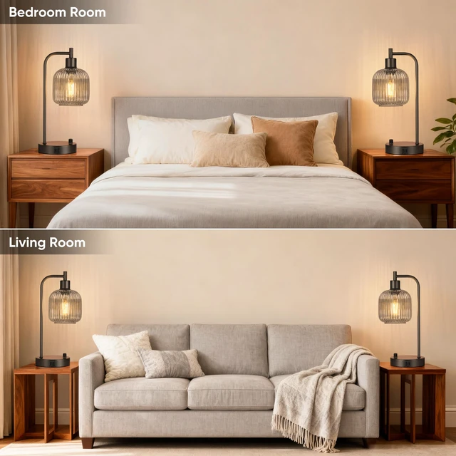 Alt view image 7 of 7 - Grey Glass Table Lamps Set of 2, Dimmable Bedside Lamps for Living Room USB A+C Charging Ports, Stepless Dimmable, 2 Dimmable LED Bulbs, Thickened Vintage Grey Glass Lampshade