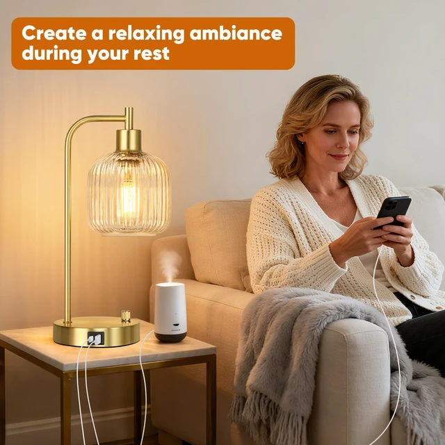 Alt view image 5 of 7 - Clear Glass Table Lamps Set of 2, Dimmable Bedside Lamps for Living Room USB A+C Charging Ports, Stepless Dimmable, Brushed Gold, 2 Dimmable LED Bulbs, Thickened Vintage Clear Glass Lampshade