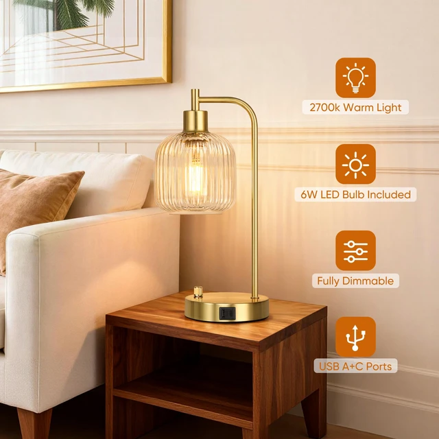 Alt view image 4 of 7 - Clear Glass Table Lamps Set of 2, Dimmable Bedside Lamps for Living Room USB A+C Charging Ports, Stepless Dimmable, Brushed Gold, 2 Dimmable LED Bulbs, Thickened Vintage Clear Glass Lampshade