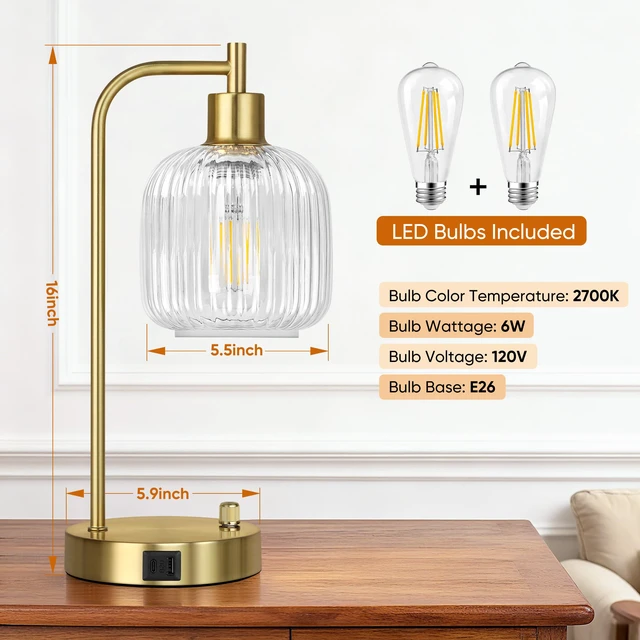Alt view image 3 of 7 - Clear Glass Table Lamps Set of 2, Dimmable Bedside Lamps for Living Room USB A+C Charging Ports, Stepless Dimmable, Brushed Gold, 2 Dimmable LED Bulbs, Thickened Vintage Clear Glass Lampshade