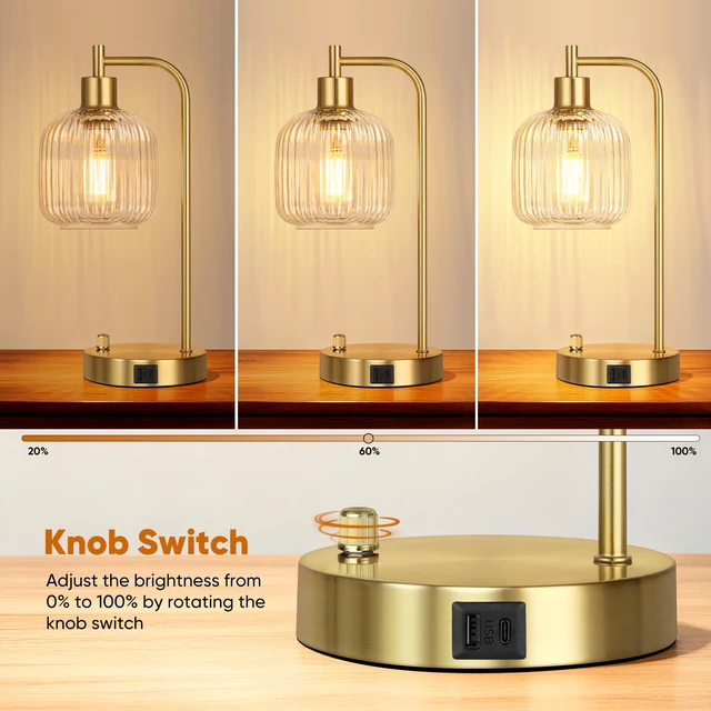 Alt view image 2 of 7 - Clear Glass Table Lamps Set of 2, Dimmable Bedside Lamps for Living Room USB A+C Charging Ports, Stepless Dimmable, Brushed Gold, 2 Dimmable LED Bulbs, Thickened Vintage Clear Glass Lampshade
